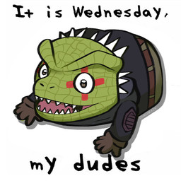 anthro black_clothing black_jacket black_topwear brown_clothing brown_gloves brown_handwear clothed clothing gloves green_body green_scales handwear head_spikes jacket male scales solo spikes spikes_(anatomy) text topwear chromacy dorohedoro it_is_wednesday_my_dudes kaiman_(dorohedoro) lizard reptile scalie 1:1 2026 digital_media_(artwork) english_text meme