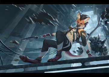 action_scene anthro cantrol fight gun jumping male ranged_weapon science_fiction solo weapon conditional_dnp royz canid canine canis mammal wolf