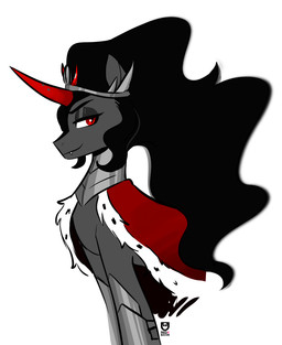 armor black_hair cloak clothing crossgender crown eyebrows fangs female feral hair headgear horn long_hair looking_at_viewer mtf_crossgender pupils red_eyes simple_background slit_pupils solo teeth white_background redxbacon friendship_is_magic hasbro my_little_pony mythology king_sombra_(mlp) equid equine mammal mythological_creature mythological_equine umbrum unicorn hi_res