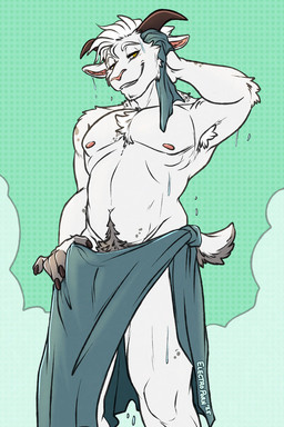 anthro armpit_tuft biceps body_hair bulge chest_tuft fur glistening_eyelids hair happy_trail horn looking_at_viewer male muscular muscular_anthro muscular_male nipples pecs pose pube_peek pubes pubes_exposed serratus simple_background smile solo spots tail teeth towel towel_only tuft v-cut wet white_body white_fur conditional_dnp electroporn gage_(wakefield) bovid caprine goat mammal 2:3 digital_media_(artwork) hi_res pinup