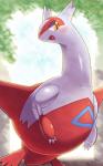 ambiguous_gender blush feral open_mouth open_smile outside smile solo yellow_eyes ecru_(artist) nintendo pokemon generation_3_pokemon latias legendary_pokemon pokemon_(species) 2019 5:8 hi_res