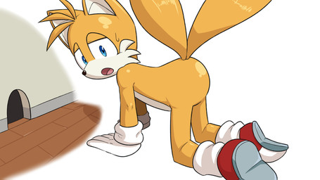2_tails anthro bangs bent_over black_nose blue_eyes bodily_fluids butt cheek_tuft clothing facial_tuft footwear fur gloves handwear kneeling looking_at_viewer looking_back male monobutt mouse_hole multi_tail orange_body orange_fur shoes solo sweat sweatdrop tail tan_body tan_fur tuft young young_anthro young_male seen023hey sega sonic_the_hedgehog_(series) miles_prower canid canine fox mammal absurd_res hi_res