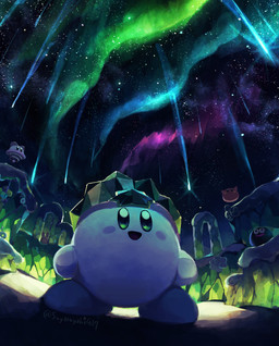 amazed ambiguous_gender aurora_(phenomenon) biped blue_body blush blush_stickers cosmic_background detailed_background green_eyes group looking_up meteor_shower night open_mouth outside sky snow solo_focus star starry_background starry_sky wearing_hat suyasuyabi427 kirby_(series) nintendo gooey_(kirby) ice_kirby kirby bouncy_(kirby) dark_matter_(kirby) polof scarfy waddle_dee waddling_head 2023 absurd_res digital_drawing_(artwork) digital_media_(artwork) hi_res signature