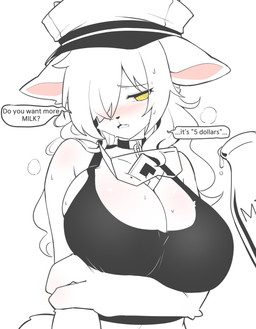 anthro bare_shoulders big_breasts black_clothing black_shirt black_tank_top black_topwear blush bodily_fluids bottle breasts cleavage clothed clothing collar container delivery_(commerce) delivery_employee dialogue eyewear_around_neck female fur hair hair_over_eye half-closed_eyes holding_own_arm milk milk_bottle milk_container narrowed_eyes pink_inner_ear shirt side_boob solo sweat tank_top text topwear white_body white_fur white_hair yellow_eyes zam_zary deli_(zam_zary) bovid caprine goat mammal absurd_res english_text hi_res