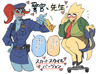 anthro anthro_on_anthro belt big_breasts blue_body blue_scales bottomwear breasts buckteeth chair cleavage clothed clothing delta_rune_(emblem) dialogue duo electronics eyewear female female/female fin flustered footwear front_view fully_clothed furgonomics furniture gesture glasses hair half-closed_eyes hat head_fin headgear headwear heart_symbol hearts_around_text high_heels jacket looking_away nails narrowed_eyes necktie non-mammal_breasts note office_chair open_mouth pants police police_uniform ponytail red_hair salute scales shirt shoes simple_background sitting skirt speech_bubble symbol tail tail_through_skirt teeth text text_with_heart thick_thighs topwear uniform walkie-talkie yellow_body yellow_scales yellow_sclera yuzuki_fang111 deltarune undertale undertale_(series) alphys undyne aquatic fish lizard reptile scalie hi_res japanese_text translated