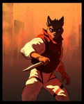 abstract_background anthro black_border border clothing dagger fighting_pose gloves handwear harness jumpsuit knife looking_at_viewer male melee_weapon pose solo stern_look tactical_gear weapon marsonaut beol canid canine canis mammal wolf 2023 digital_media_(artwork) hi_res