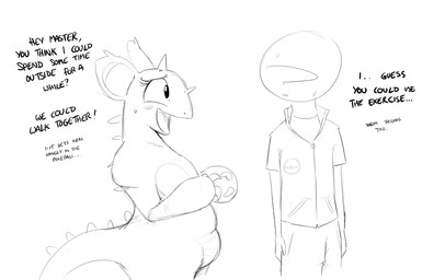 anthro blush curvy_figure dialogue duo female flirting male shy simple_background slightly_chubby text thick_thighs voluptuous white_background shoutingisfun nintendo pokemon anon queenie_(shoutingisfun) generation_1_pokemon nidoqueen pokemon_(species) 2016 english_text monochrome