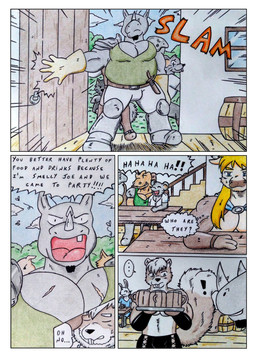 anthro armor armored_boots bandits barazoku barrel belly belt beverage biceps big_belly black_bracelet black_clothing black_nose blonde_hair blue_eyes boots border bottomwear bovid_horn bovine_ears bracelet brown_body bulge clothed clothing comic_panel dialogue door facial_hair footwear fur furniture gloves goatee green_clothing green_shirt green_topwear grey_body grey_fur hair handwear horn inside intimidation jewelry laugh male manly melee_weapon multicolored_body multicolored_fur musclegut muscular muscular_anthro muscular_male onomatopoeia opening_door overweight overweight_male pants pecs scar serving_tray shirt shoes shoulder_pads slam smelly sound_effects speech_bubble squirrel_tail stairs suspicious table tavern tavern_background teeth text topwear tray villainous weapon white_border white_bottomwear white_clothing white_pants wooden_barrel dashthefox blizzard_entertainment warcraft ebro bovid bovine equid equine horse mammal murid murine rat rhinoceros rodent tauren absurd_res colored_pencil_(artwork) comic english_text hi_res traditional_media_(artwork)