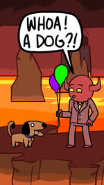 ambiguous_gender balloon barefoot beard bottomwear clothed clothing cloud collar dog_costume facial_hair feet feral group halo heaven hell horn inflatable jacket lava male necktie no_pupils pants red_body red_skin sky smile string suit surprise tail teeth text tongue tongue_out topwear trio yellow_teeth yellow_tongue ryan_k._hudson saint_peter_(christianity) satan canid canine canis domestic_cat domestic_dog felid feline felis human humanoid mammal animated english_audio english_text hi_res sound webm