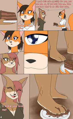 3_toes ankle_tuft anthro between_toes blue_eyes cake candy chocolate chocolate_cake close-up confusion dessert dialogue duo feet female female/female food food_fetish food_play foot_crush foot_fetish foot_play leg_tuft paws plate text toes tuft misterfis mina_(misterfis) rebecca_(misterfis) canid canine fox mammal comic english_text hi_res