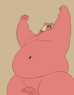 anthro balls belly erection genitals humanoid_genitalia humanoid_hands humanoid_penis male mask navel overweight overweight_anthro overweight_male penis red_body simple_background solo osos bear mammal 2015 archived_source