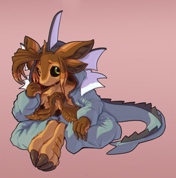 4_arms 4_ears ambiguous_anthro ambiguous_gender anthro arm_on_leg arm_on_own_leg brown_body clothing costume feather_hair feathers feet_together fin green_eyes hand_on_leg hand_on_own_leg hands_together hands_together_elbows_apart holding_clothing holding_object long_sleeves looking_at_viewer monotone_background multi_arm multi_ear multi_limb pink_background pokemon_costume pseudo_hair simple_background sitting solo tail unzipped_clothing winged_arms wings mendobear nintendo pokemon alex_(overgrown_lizards) avali eeveelution generation_1_pokemon pokemon_(species) vaporeon 2023 hi_res