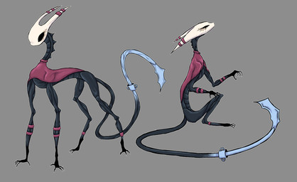 2_horns ambiguous_gender black_body black_eyes clothing feral grey_background horn long_tail quadruped red_clothing simple_background solo standing tail ink_void hollow_knight_(franchise) team_cherry hornet_(hollow_knight) arthropod 2025 hi_res female_(lore)