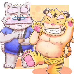anthro asian_clothing balls belly black_nose blush bottomwear chibi clothing duo east_asian_clothing eyes_closed eyewear facial_hair genitals glasses humanoid_hands japanese_clothing kemono loincloth male mature_male mustache navel nipples overweight overweight_male paws underwear white_clothing white_underwear gensuke setsubun canid canine canis felid mammal pantherine tiger wolf 1:1 2022 hi_res