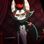 annoyed anthro bow_tie clothing hat headgear headwear holidays male mirror_selfie selfie sharp_teeth solo teeth top_hat vivzmind halloween hazbin_hotel husk_(hazbin_hotel) demon domestic_cat felid feline felis mammal 1:1 2020 official_art