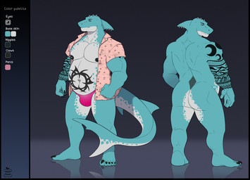 anthro barbell_piercing belly big_belly black_markings black_nipples blue_body blue_tail bottomwear bridge_piercing bulge butt clothed clothing earless facial_piercing fin fin_piercing front_view furgonomic_piercing furgonomics grey_eyes head_fin male markings mouth_closed muscular muscular_anthro muscular_male narrowed_eyes navel nipple_barbell nipple_piercing nipples nose_piercing nude open_clothing open_topwear overweight overweight_anthro overweight_male pecs piercing pink_bottomwear pink_clothing pink_topwear rear_view solo standing tail tail_fin text thick_tail topwear white_body white_tail apple-faced aquatic fish shark english_text hi_res model_sheet