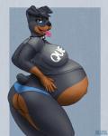 anthro belly big_belly big_breasts black_body black_fur black_hair blue_eyes breasts brown_body brown_fur butt clothing female fur hair looking_at_viewer navel nipple_outline outie_navel panties pregnant pregnant_anthro pregnant_female solo tongue tongue_out underwear blyzzarde canid canine canis domestic_dog mammal 2018 hi_res