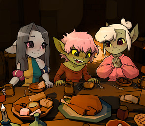 biped blush breasts chicken_meat clothed clothing container cup eyelashes feast female food furniture green_body grey_body grey_hair group hair meat pastry pie pink_clothing pink_hair pupils sharp_teeth smile table teeth trio white_hair bonnytoad daisy_cleave nomo_sourgrove reda_codrin goblin humanoid absurd_res hi_res