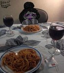 alcohol beverage black_body black_fur black_hair blush dinner food fur furniture grey_body grey_fur hair male multi_eye pasta photo_background purple_eyes smile spaghetti teeth wine sosu-the-blue-wolf velley_(beastbeans) arachnid arthropod spider colored photography_(artwork)