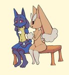 alekoin ambiguous_gender bench blue_body blue_fur chatting claws duo feet finger_claws fingers floppy_ears fur generation_4_pokemon happy lop_ears lopunny lucario nintendo open_mouth pokemon pokemon_(species) red_eyes sitting smile spikes thick_thighs toes tongue