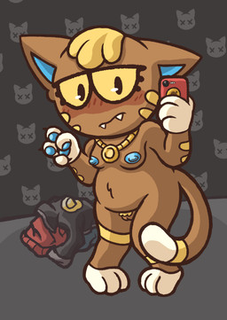 anthro blush blush_lines breasts cellphone collar collar_only electronics female genitals gesture hand_gesture mirror mirror_selfie nude pattern_background pawpads phone selfie simple_background slightly_chubby slightly_chubby_female solo v_sign vulva maskedfurry animal_crossing nintendo katt_(animal_crossing) domestic_cat felid feline felis mammal hi_res