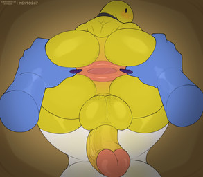 anthro balls black_collar blue_body blue_scales brown_background butt claws clothing collar dot_eyes duo erection faceless_character faceless_male genitals legwear looking_back male muscular muscular_male penis purple_claws rear_view scales simple_background simple_eyes stretched_anus text thigh_highs vein veiny_penis white_clothing white_legwear white_thigh_highs yellow_balls yellow_butt yellow_penis kento267 verity_(thatmob) zoid_(e-zoid) humanoid absurd_res artist_name hi_res
