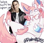 2022 anthro artist_name broken_english clothed clothing colored digital_drawing_(artwork) digital_media_(artwork) domestic_cat duo eeveelution eminem eminem_throw english_text felid feline felis feral fur generation_6_pokemon hair human humanoid humor looking_at_viewer male mammal meme nibui nintendo pawpads pink_body pink_fur pokemon pokemon_(species) rapper real_world ribbons saito_(certainlysoft) shaded shitpost signature simple_background smile sylveon text throwing throwing_character white_background woe_plague_be_upon_ye