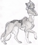 canid canid_taur canine canine_taur canis chakona_space clothed clothing female looking_at_viewer lupu mammal mammal_taur mayra_boyle quadruped side_view simple_background skimpy smile solo tail taur white_background wolf wolf_taur