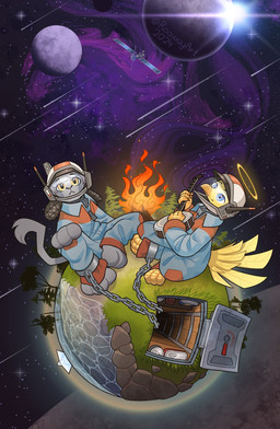 ambiguous_gender anthro armor banjo_(instrument) canned_food chain duo fire headgear helmet ladder looking_at_viewer musical_instrument plant plucked_string_instrument sitting string_instrument tail tree water roawayart avian felid feline mammal hi_res