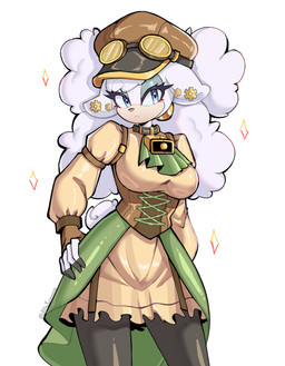 alternate_costume alternative_fashion anthro bell bell_collar big_breasts black_clothing blue_eyes blue_sclera breasts brown_clothing brown_gloves brown_handwear clothing collar cowbell dress ear_piercing female fingerless_gloves fur gloves green_clothing green_dress hair half-closed_eyes handwear hat headgear headwear looking_at_viewer mouth_closed narrowed_eyes piercing pink_nose simple_background solo steampunk steampunk_goggles white_body white_hair yellow_clothing alfa_kronoxis idw_publishing sega sonic_the_hedgehog_(comics) sonic_the_hedgehog_(idw) sonic_the_hedgehog_(series) lanolin_the_sheep_(sonic) bovid caprine mammal sheep absurd_res hi_res