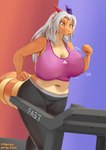 accessory anthro big_breasts bottomwear bouncing_breasts bow_ribbon breasts cleavage clothed clothing exercise female furgonomics hair horn horn_accessory horn_bow horn_ribbon jogging midriff navel pants ribbons scales slightly_chubby solo tail thick_tail tight_clothing treadmill white_hair yellow_body yellow_scales yoga_pants pwnagespartan mythology aisyah_zaskia_harnny dragon mythological_creature mythological_scalie scalie hi_res