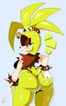 accessory anthro big_breasts black_clothing black_shirt black_topwear blue_eyes blush bracelet breasts butt butt_grab clothing countershade_face countershading ear_piercing female forked_tail fur green_body green_fur green_hair hair hair_accessory hair_tie hand_on_butt jewelry piercing ponytail scut_tail shirt short_tail solo spiked_bracelet spiked_hair_tie spikes tail thick_thighs thong tied_hair topwear torn_sleeves underwear unusual_anatomy unusual_tail chipxdip idw_publishing sega sonic_the_hedgehog_(comics) sonic_the_hedgehog_(idw) sonic_the_hedgehog_(series) surge_the_tenrec afrosoricid mammal tenrec 2024 hi_res signature
