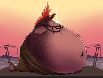anthro belly belt big_belly chain clothed clothing detailed_background fin fish_tail grey_body grey_scales hair huge_belly hyper hyper_belly legless male mohawk morbidly_obese morbidly_obese_anthro morbidly_obese_male navel obese obese_anthro obese_male open_mouth outside overweight overweight_anthro overweight_male red_body red_hair red_scales scales solo sun tail tail_fin teeth tongue topless water freshsqueezedanny nintendo splatoon aquatic cohozuna fish king_salmonid salmonid_(fish) salmonid_(splatoon) hi_res