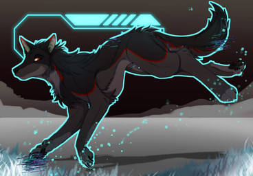black_body black_claws character_aturu claws feral glitch glowing grey_body hud looking_at_viewer male markings meadow neon orange_eyes pixel red_markings running shadow sky solo canid canine canis mammal wolf 2026 hi_res