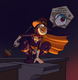 anthro balls_outline beak belt blue_body blue_hair bodily_fluids bulge cape chastity_cage chastity_device clothing collar crouching detailed_bulge eyewear genital_outline hair hat headgear headwear holding_object latex latex_clothing latex_mask latex_skinsuit male mask monocle oral oral_penetration penetration perching profanity sex_toy skinsuit solo sweat sweatdrop sweating_profusely thought_bubble tight_clothing urethral urethral_penetration vibrator wind owy purin_lupin avian bird owl penguin hi_res