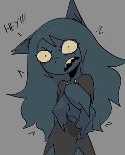 anthro black_text blue_ears blue_hair claws clothed clothed_anthro clothed_female clothing dialogue dress eyelashes female female_anthro finger_claws front_view frown gesture grey_background grey_clothing grey_dress hair hand_gesture looking_at_viewer narrowed_eyes notched_ear open_frown open_mouth pointing pointing_at_viewer simple_background solo talking_to_viewer text xarop77 catwitch_(xarop77) domestic_cat felid feline felis mammal 2026 digital_drawing_(artwork) digital_media_(artwork) english_description english_text hi_res portrait three-quarter_portrait