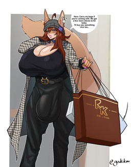 anthro balls beanie belt belt_buckle big_balls big_breasts big_penis blush blush_lines breasts brown_hair buckle bulge choker cleavage clothed clothing colored_nails cowlick detailed_bulge ear_piercing fully_clothed furgonomic_headwear furgonomics genitals gynomorph hair hat headgear headwear huge_balls huge_breasts huge_penis hyper hyper_balls hyper_genitalia hyper_penis intersex jewelry lipstick long_hair looking_at_viewer makeup nails necklace penis piercing solo talking_to_viewer text gaikiken sio_(gaikiken) canid canine fennec_fox fox mammal true_fox english_text hi_res portrait three-quarter_portrait busty_boy_(lore)
