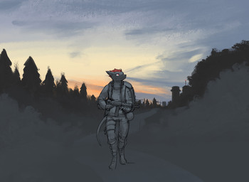 ambiguous_gender anthro backpack black_body clothed clothing detailed_background digitigrade footwear forest front_view furgonomic_footwear furgonomics gun hair holding_gun holding_object holding_ranged_weapon holding_submachine_gun holding_weapon looking_up outside plant ranged_weapon red_hair road solo submachine_gun sunset tree walking weapon skalamari project_silverfish the_castaway_(project_silverfish) inheritor lizard reptile scalie 2026 hi_res signature