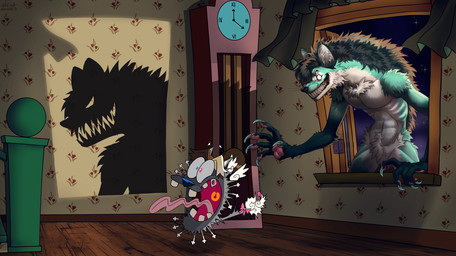3_fingers 3_toes 5_fingers anthro arm_tuft claws clock creepy_face creepy_smile curtains duo ear_piercing ear_ring eyebrows feet fingers fur glowing glowing_eyes jewelry male male/male mane markings nolva_novaes open_mouth pawpads paws piercing ring_piercing screaming shadow shadow_face sharp_teeth smile teeth toes tongue tongue_out tuft window asian_mythology cartoon_network courage_the_cowardly_dog east_asian_mythology japanese_mythology mythology finn_(dante~) kaibly_(kaibly) canid canine domestic_cat felid feline felis foo_dog komainu mammal maned_wolf monster ragdoll_cat werecanid werecreature yokai hi_res