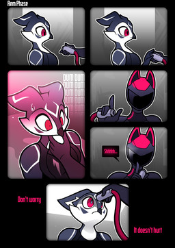 ambiguous_gender anthro beak black_latex bodily_fluids bolt_gun clothing dialogue duo female grey_body imminent_death latex latex_clothing latex_skinsuit multicolored_body one-piece_swimsuit pink_eyes scared skinsuit sweat swimwear text threatening tight_clothing two_tone_body wearing_helmet white_body rem_phase avian bird owl unknown_species 2026 absurd_res comic english_text hi_res