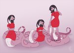 2022 anthro apode barefoot black_hair breasts clothed clothing digital_media_(artwork) digitigrade draconcopode dress feet female forked_tongue green_eyes group hair legless looking_at_viewer naga open_mouth pink_body pink_scales red_clothing red_dress scales scalie sepisnake serpentine simple_background sitting smile standing tail tongue transformation trio