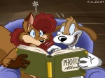 2004 4:3 anthro blue_eyes book canid canine canis chair domestic_dog duo female fox furniture hair holding_book holding_object karri_aronen male mammal phoxhunt reading recliner red_hair scrap_book toony