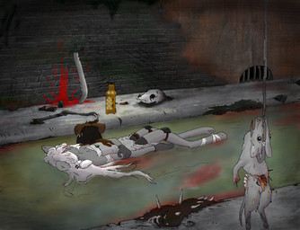 anthro armor backpack bandage blood blood_on_fur bloody_water bodily_fluids bone book brick_wall bright_light chain claws concrete concrete_floor corpse darkness dead_animal death decay deformed dying exposed_bone fur gore grey_body guts hair hook lamp larva leather long_hair long_limbs loose_feather male melee_weapon metal monochrome_body moss murky_water oil_lamp organs plant quill rotting rust sewer simple_background skull solo spine sword tall textured_background underground wall_(structure) water weapon white_hair wounded malevolentfluff arthropod felid feline insect maggot mammal unknown_species black_and_white hi_res monochrome story story_in_description