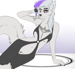 anthro breasts clothed clothing crotchless_clothing erotic_lingerie female fluffy fluffy_tail genitals glitter hair lingerie long_hair looking_at_viewer no_underwear one_piece_suit partially_clothed piercing pussy scar solo tail tattoo misstik ember_(nightdancer) arctic_fox canid canine fox mammal true_fox hi_res