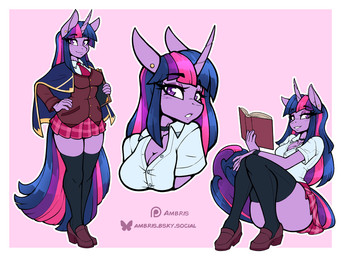 anthro blue_hair book bottomwear breasts capelet choker clothing collarbone ear_piercing ear_stud eyebrow_through_hair eyebrows eyelashes female footwear fur hair hand_on_hip horn jewelry legwear multicolored_hair necklace necktie pattern_bottomwear pattern_clothing pattern_skirt piercing plaid plaid_bottomwear plaid_clothing plaid_skirt purple_body purple_eyes purple_fur purple_hair shirt shoes sitting skirt solo standing thigh_highs topwear translucent translucent_hair ambris friendship_is_magic hasbro my_little_pony mythology twilight_sparkle_(mlp) equid equine mammal mythological_creature mythological_equine unicorn 2025