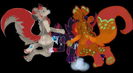 anthro bodily_fluids butt cum excessive_cum excessive_genital_fluids fellatio genital_fluids genitals machine male oral penile penis sex spitroast stick theoxym cali_the_fox spark_the_protogen canid canine fox mammal protogen hi_res