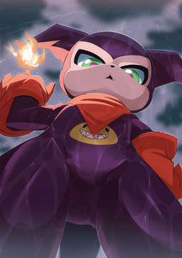 anthro armwear clothing cute_fangs fangs featureless_crotch gloves green_eyes handwear kerchief looking_at_viewer low-angle_view mostly_nude neckerchief neckwear purple_body raining red_armwear red_clothing red_gloves red_handwear red_kerchief red_neckerchief teeth water wet wet_body wet_clothing rusho bandai_namco digimon digimon_(species) impmon hi_res