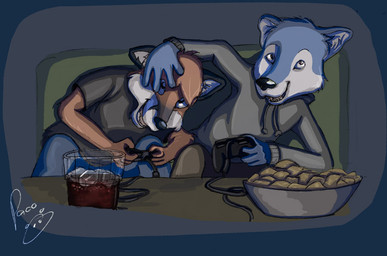 anthro beverage black_clothing black_eyes black_shirt black_t-shirt black_topwear blue_body blue_bottomwear blue_clothing blue_fur blue_pants bottomwear brown_body brown_bottomwear brown_clothing brown_eyes brown_fur brown_hair brown_pants clothed clothing controller duo front_view fur gaming hair holding_controller holding_object logo male male_anthro open_mouth open_smile pants playing_video_game pupils shirt short_hair sitting smile snack t-shirt topwear white_body white_fur white_pupils young young_anthro young_male pandapaco foxdale canid canine fox mammal artist_logo signature