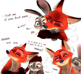 anthro anthro_on_anthro bite bite_mark brown_body brown_fur clothed clothing duo female fur grey_body grey_fur interspecies long_ears male male/female orange_body orange_fur simple_background tan_body tan_fur teeth text white_background nibkman0304 disney zootopia judy_hopps nick_wilde canid canine european_rabbit fox lagomorph leporid mammal oryctolagus rabbit red_fox true_fox english_text hi_res