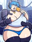 5_fingers bell bell_collar belly big_belly big_breasts biped black_body black_clothing black_eyes black_fur black_hair black_legwear black_thigh_highs blue_bottomwear blue_clothing blue_hair bottomwear breasts clothed clothing clothing_pull collar crop_top cybernetics eating eye_through_hair eyebrow_through_hair eyebrows female fingers food footwear front_view fur hair holding_food holding_object huge_breasts humanoid_hands inside legwear light_body light_skin long_tail looking_at_viewer looking_down machine midriff multicolored_hair navel nipple_slip nipples one_eye_closed open_mouth outline overweight overweight_female overweight_humanoid panties pattern_bottomwear pattern_clothing pattern_panties pattern_underwear pink_nipples pink_tongue popsicle prosthetic pupils shirt shirt_pull short_hair slit_pupils socks solo standing striped_bottomwear striped_clothing striped_panties striped_underwear stripes tail tank_top thick_thighs thigh_highs thigh_socks tongue tongue_out topwear topwear_pull translucent translucent_hair two_tone_hair underwear white_body white_clothing white_skin white_topwear fukmin-dx nico_(ozawa_miki) animal_humanoid cat_humanoid cyborg felid felid_humanoid feline feline_humanoid humanoid mammal mammal_humanoid 2016 aliasing cool_colors digital_media_(artwork) portrait three-quarter_portrait